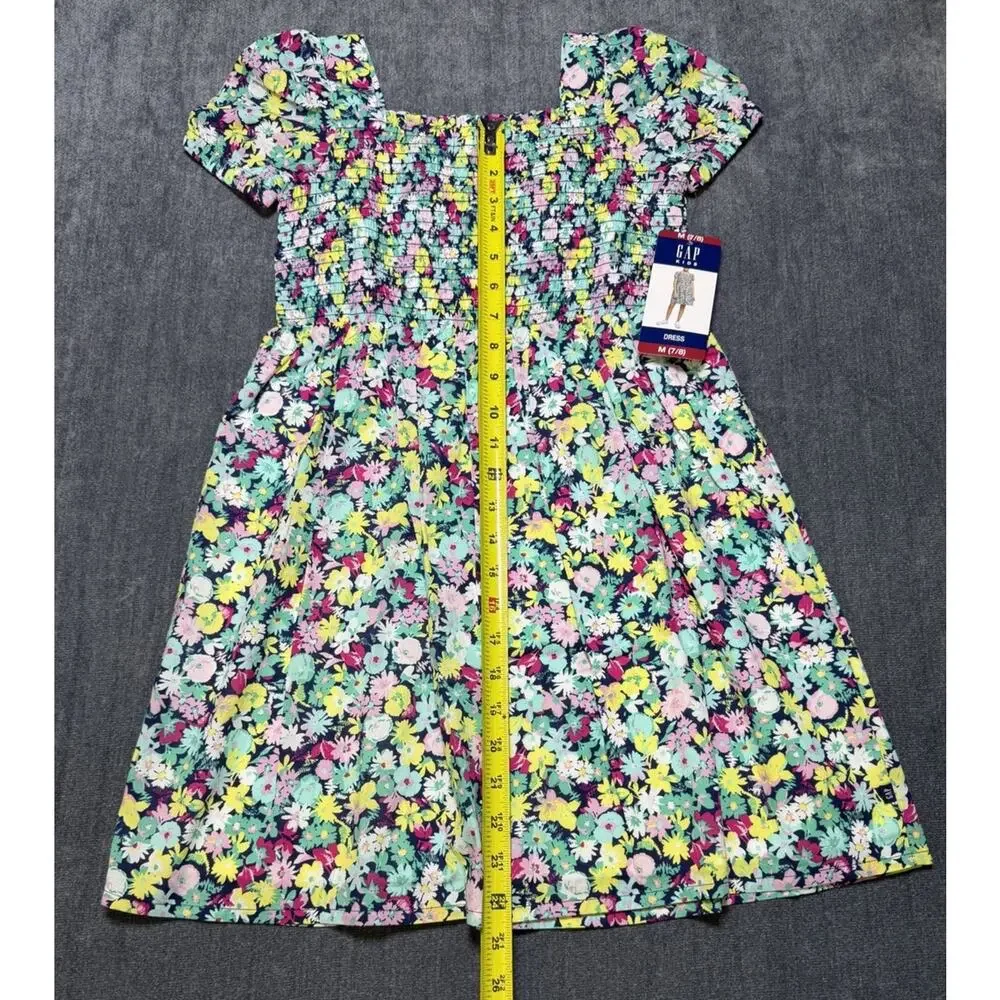 NWT Gap Knee Length Smocked Dress Girls M (7/8) Multicolor Floral Short-Sleeve